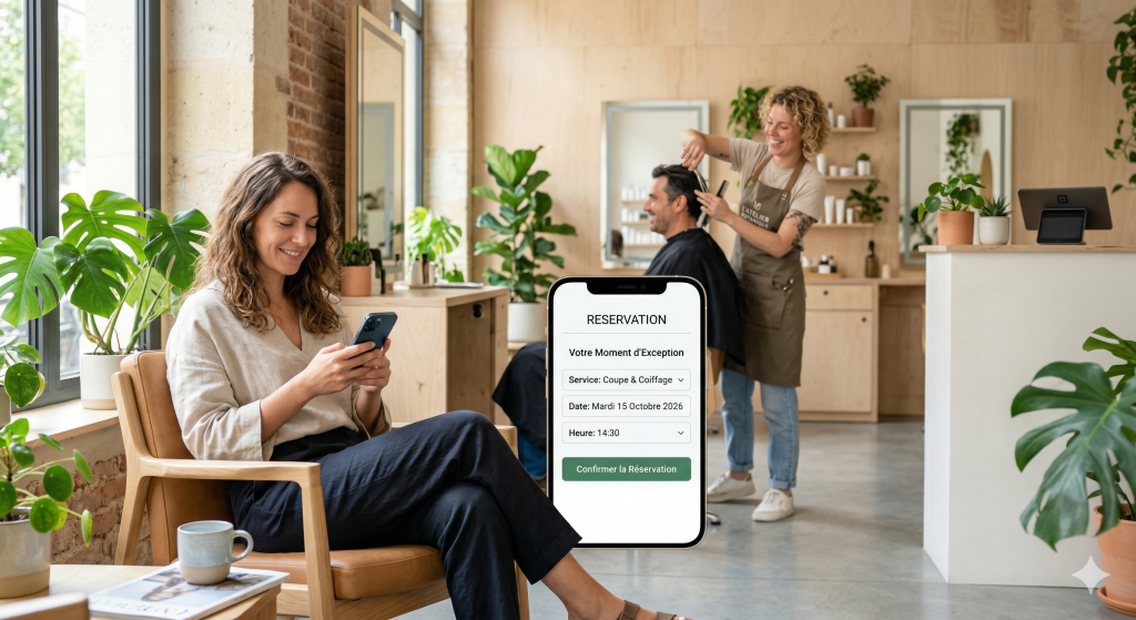 Cliente utilisant une application de prise de rendez-vous en ligne salon coiffure pendant qu'une coiffeuse travaille sereinement.