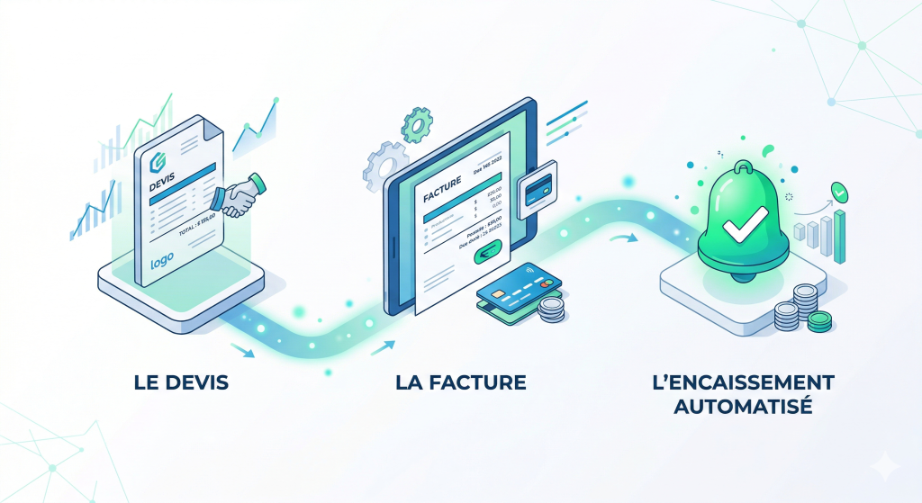 Illustration schématique d'un workflow devis facture relance automatisé et fluide pour simplifier la gestion financière d'une TPE.