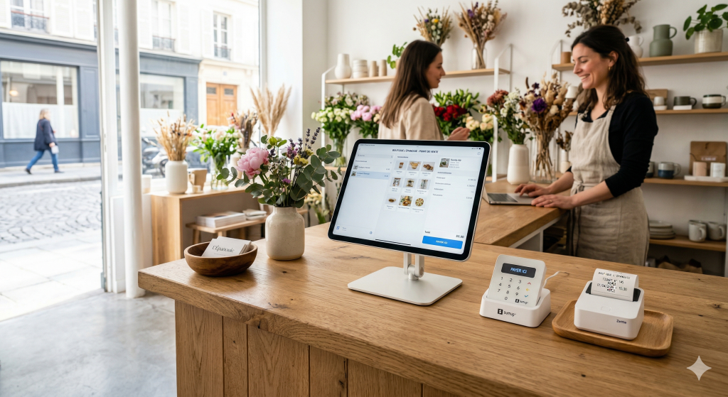 Installation d'une caisse iPad petit commerce sur le comptoir d'une boutique moderne et épurée.