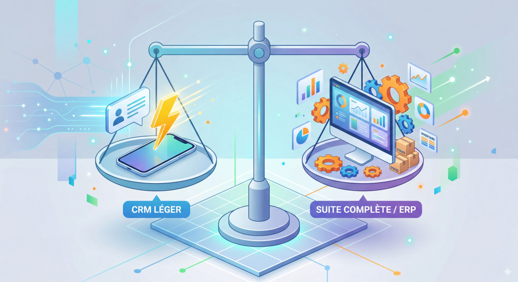 Illustration conceptuelle comparant un CRM léger et une suite complète ERP sur une balance pour aider une TPE dans sa matrice de choix.