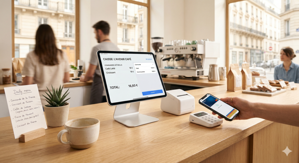 Encaissement moderne avec une caisse petit commerce combo tpe frais transparent.