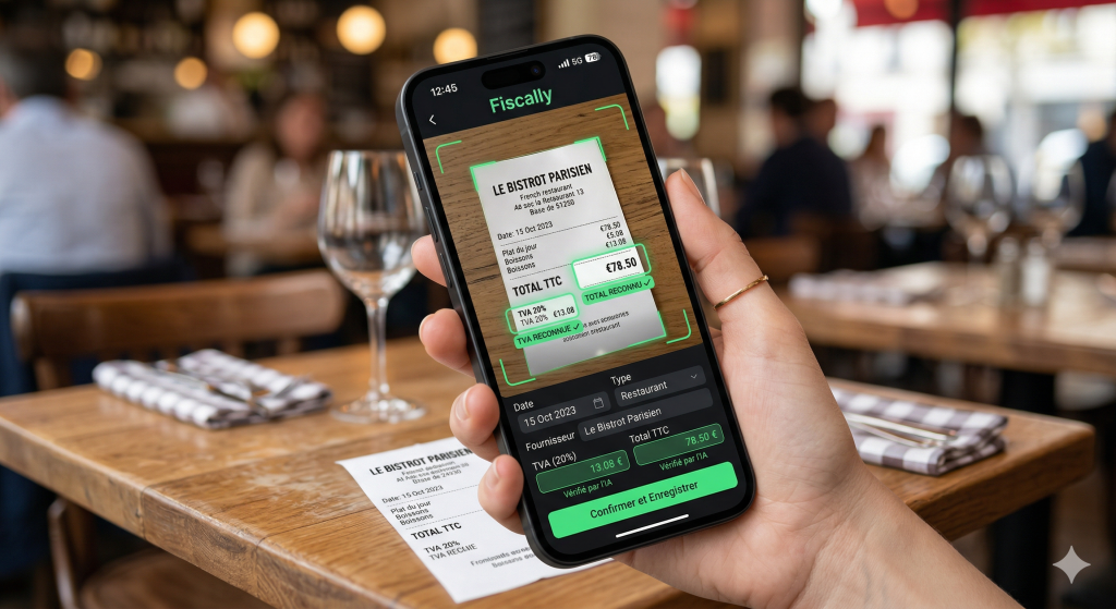 Mockup d'un smartphone utilisant la technologie OCR pour scanner un ticket de caisse et automatiser la saisie des notes de frais lors d'une clôture mensuelle de TPE.