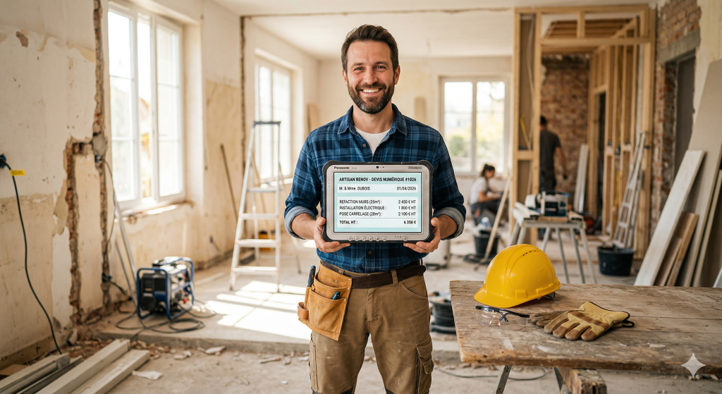 Artisan réalisant un devis artisan btp modele structure professionnel sur tablette directement sur son chantier.