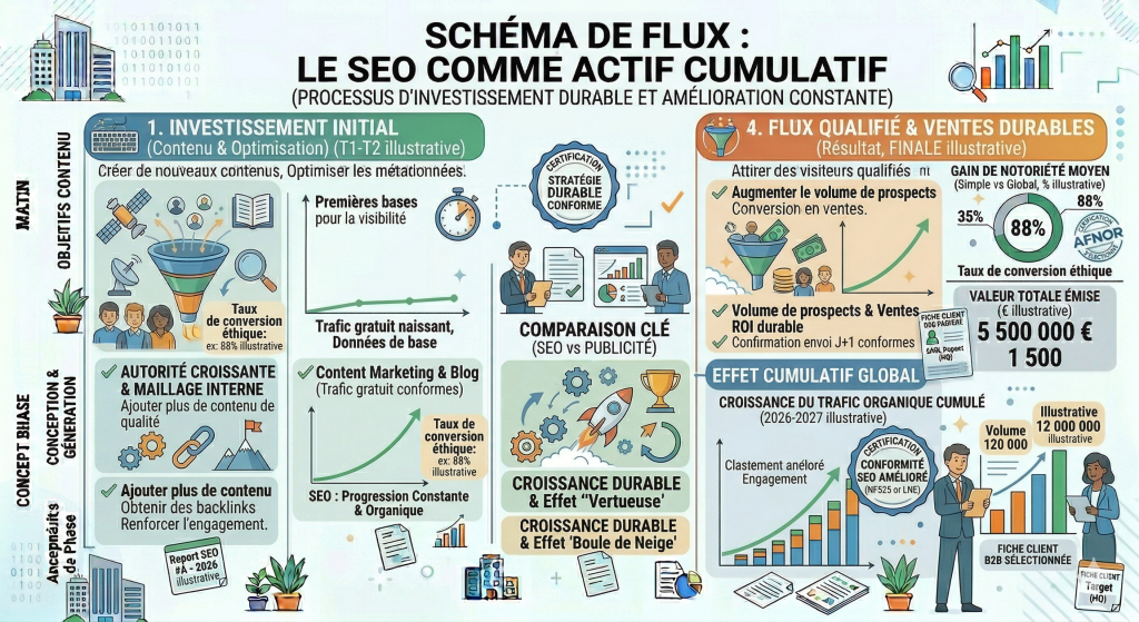 Schéma montrant comment le SEO cumule contenu, maillage interne et visibilité dans le temps