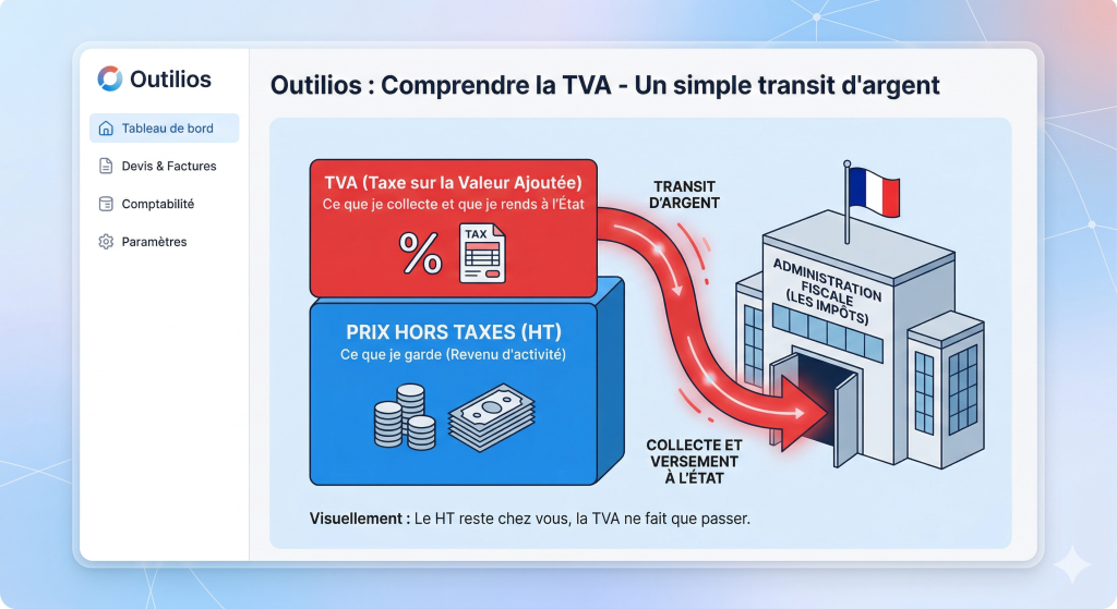 Schéma expliquant le fonctionnement de la TVA pour mettre en place une compta freelance simple.