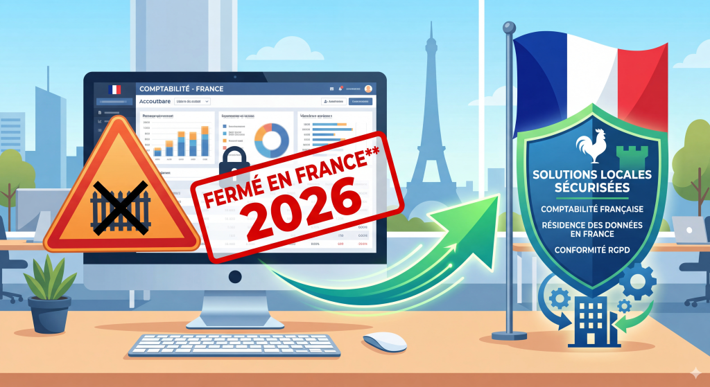 Illustration d'alerte signifiant la fermeture du logiciel de comptabilité QuickBooks en France et la nécessité pour les TPE de trouver une alternative légale.