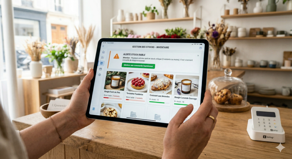 Tableau de bord de gestion des stocks et alertes d'inventaire sur une caisse iPad petit commerce.