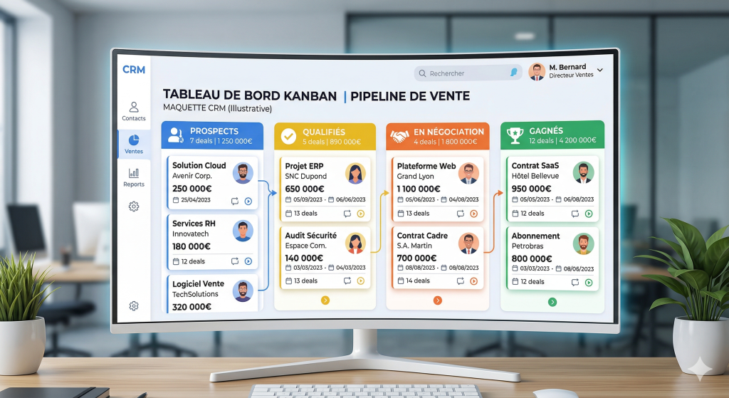 Exemple de pipeline visuel kanban montrant la supériorité dans le duel excel clients vs crm.