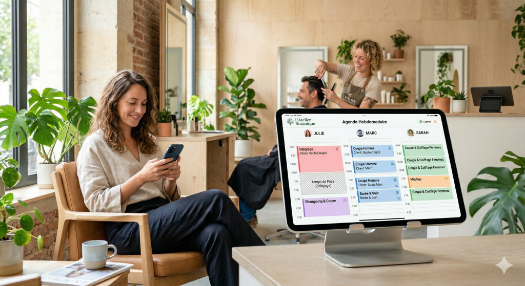 Interface de gestion et agenda d'un logiciel de prise de rendez-vous en ligne salon coiffure.