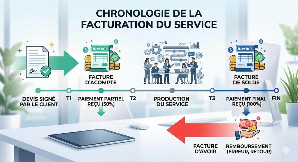 Schéma explicatif des différences avoir facture acompte solde dans le cycle de facturation 2026.