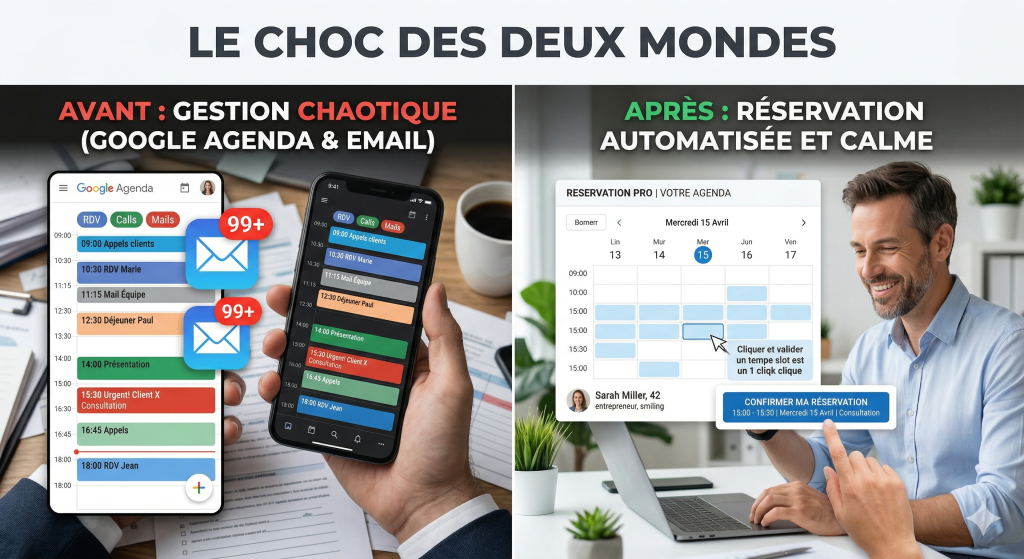 Comparatif de l'interface et de l'efficacité entre google agenda vs outil de réservation en 2026.