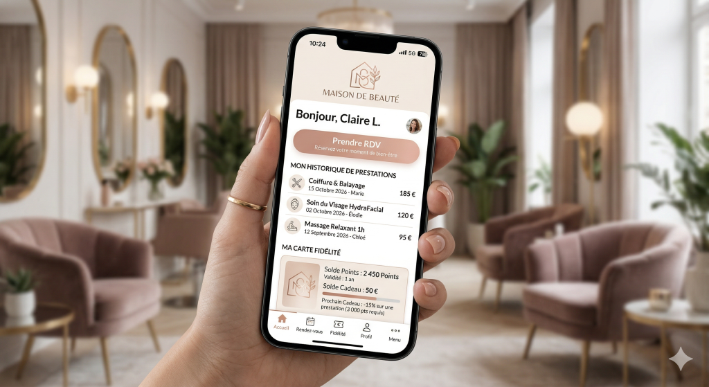Mockup d'un smartphone affichant l'application mobile personnalisée générée par le logiciel Avancy CRM pour fidéliser les clients d'une TPE beauté.