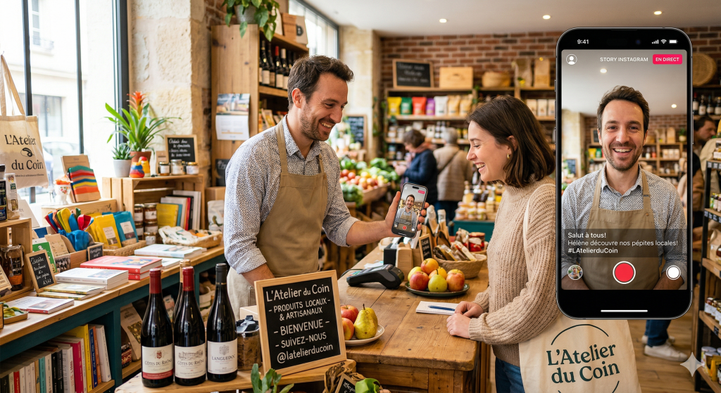 Commerçant créant du contenu pour son commerce local afin d'attirer des clients en boutique.