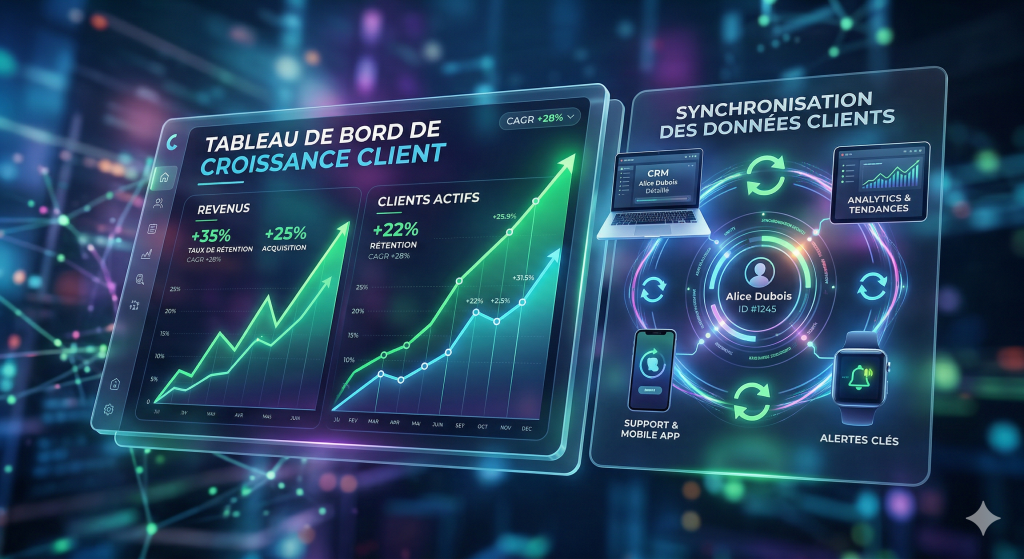 Tableau de bord de CRM TPE moderne en rendu 3D conceptuel, affichant des graphiques de croissance des ventes et des connexions avec des icônes d'appareils mobiles.