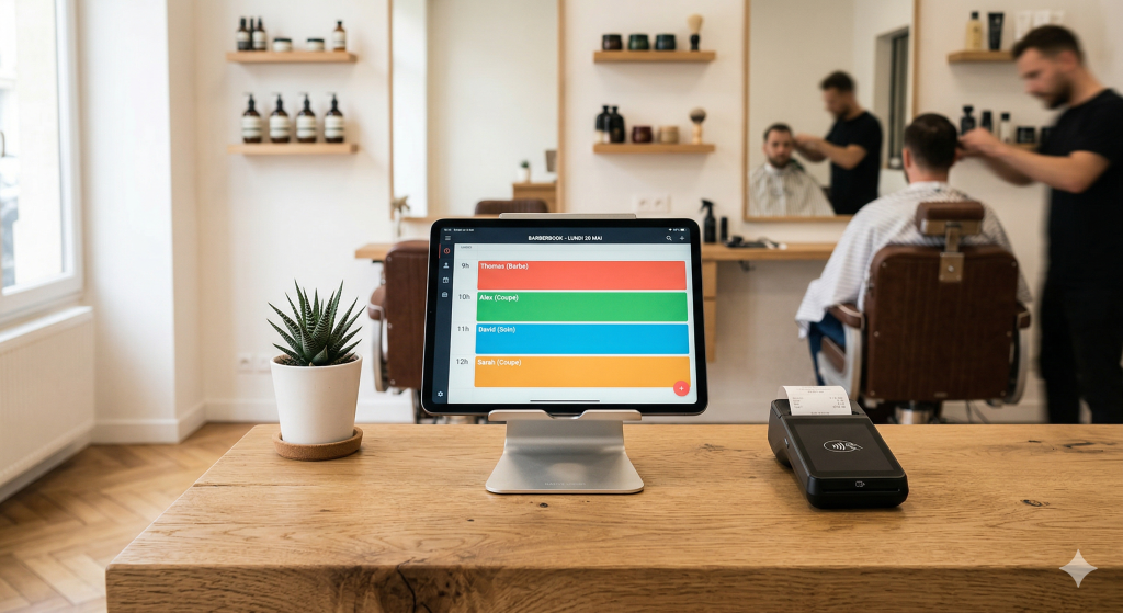 Comptoir d'un salon de coiffure moderne équipé de l'application de caisse certifiée Wavy X sur un iPad Pro.