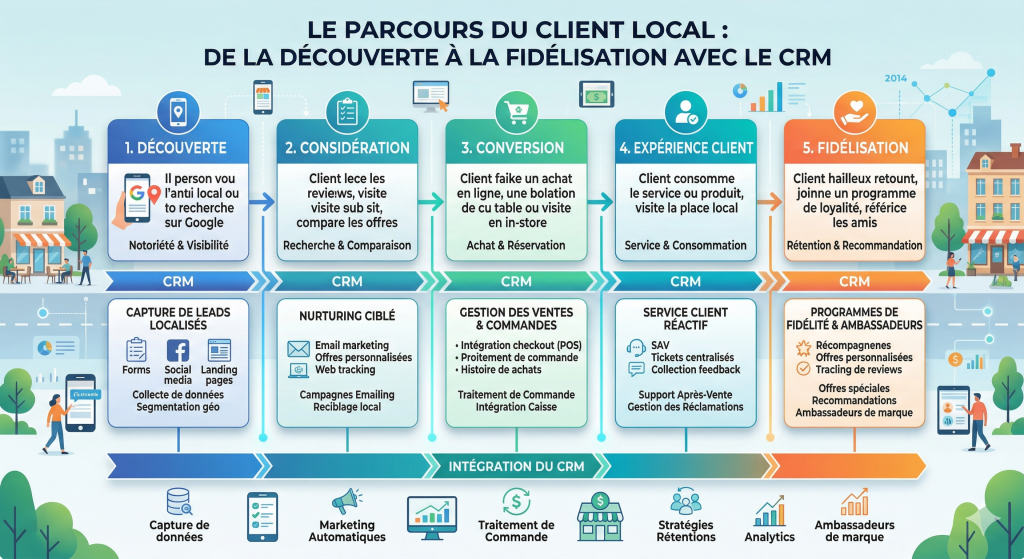 Infographie pédagogique montrant le processus de mise en place d'un CRM TPE en 4 semaines, avec les étapes de nettoyage des données, paramétrage du pipeline, formation et analyse.