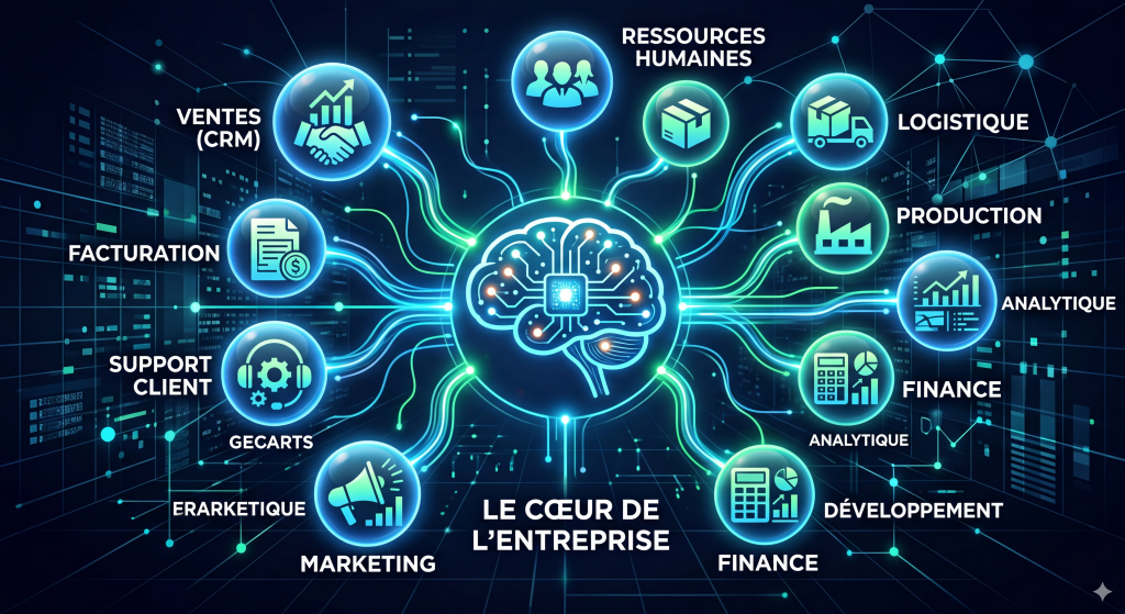 Schéma illustrant la connexion via API d'un CRM léger avec d'autres logiciels de facturation pour créer une suite complète sur mesure pour TPE.