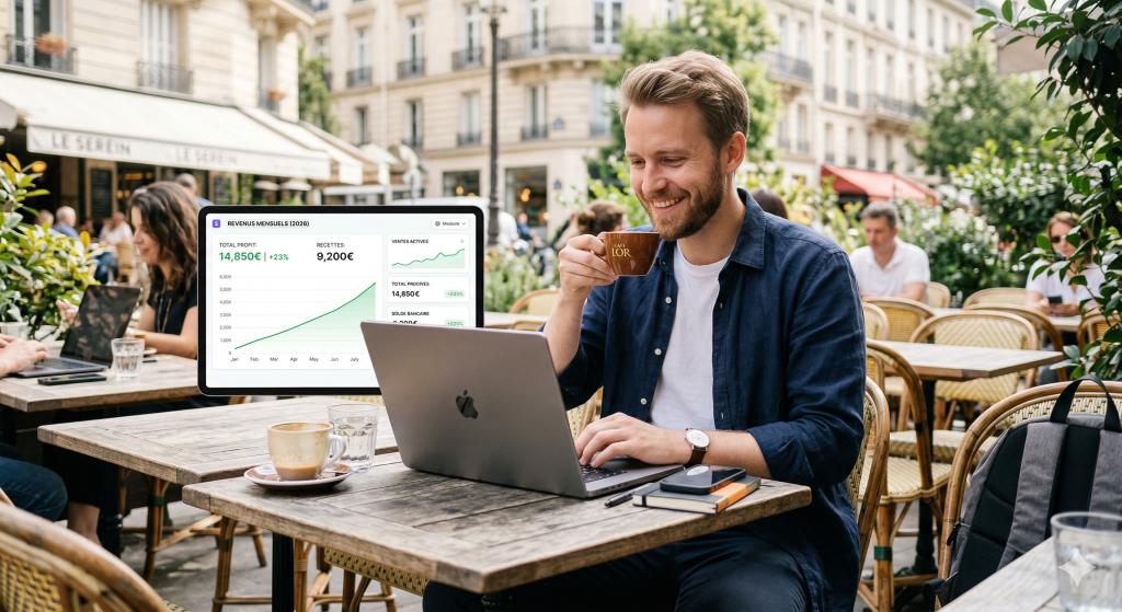 Un indépendant serein gérant sa compta freelance simple sur un logiciel en ligne depuis un café.
