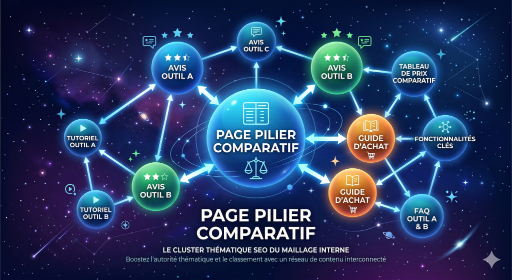 Schéma illustrant l'architecture d'une page comparatif SEO via la méthode cluster pour une TPE.