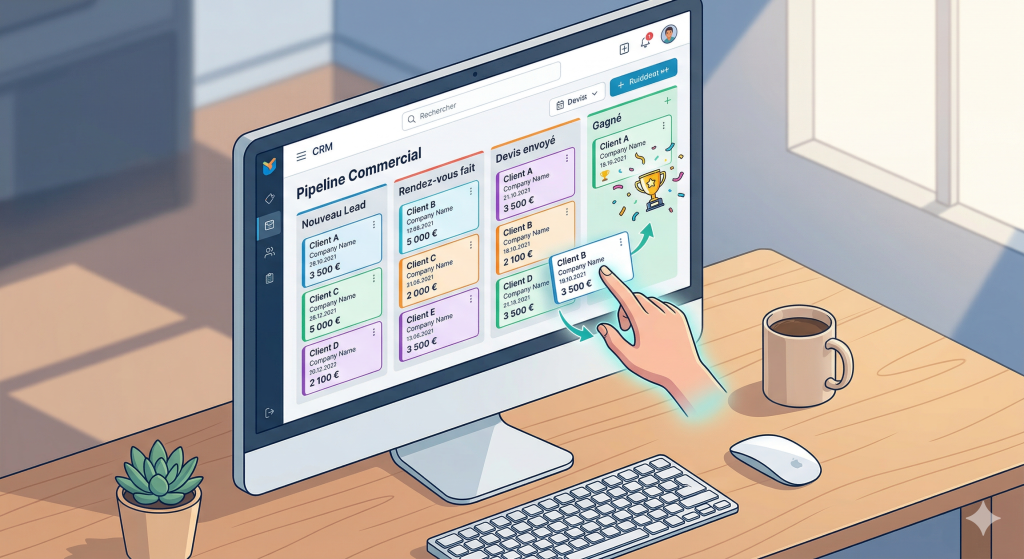 Interface visuelle d'un CRM prestataire B2B avec un pipeline de vente pour gérer ses devis et relances.