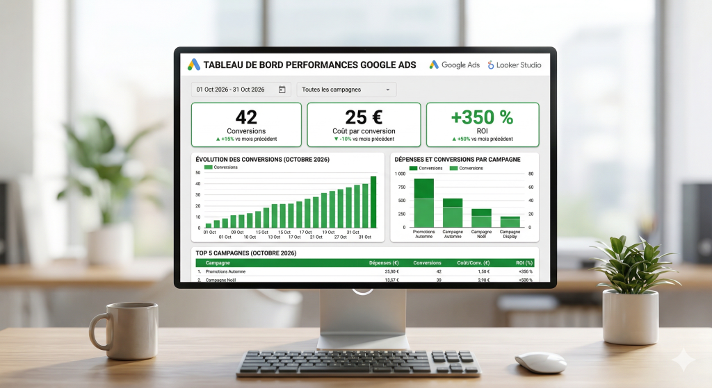 Tableau de bord d'analyse montrant des campagnes publicitaires Google Ads rentables avec un coût d'acquisition optimisé pour une TPE.