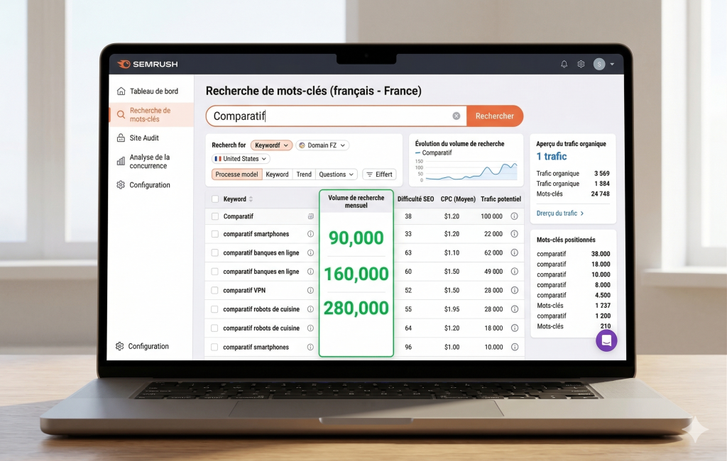 Analyse des volumes de recherche pour valider une page comparatif SEO via la méthode cluster.