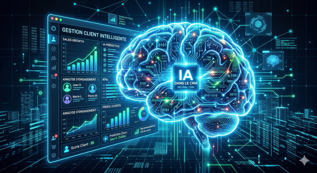 Rendu 3D conceptuel d'un cerveau numérique fusionnant avec une interface client d'un logiciel CRM TPE pour symboliser l'intelligence artificielle.