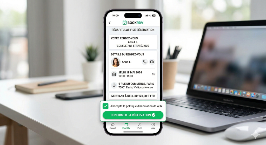 Capture d'écran schématique montrant une case à cocher obligatoire pour accepter la politique d'annulation de rendez-vous lors d'une réservation en ligne sur smartphone.
