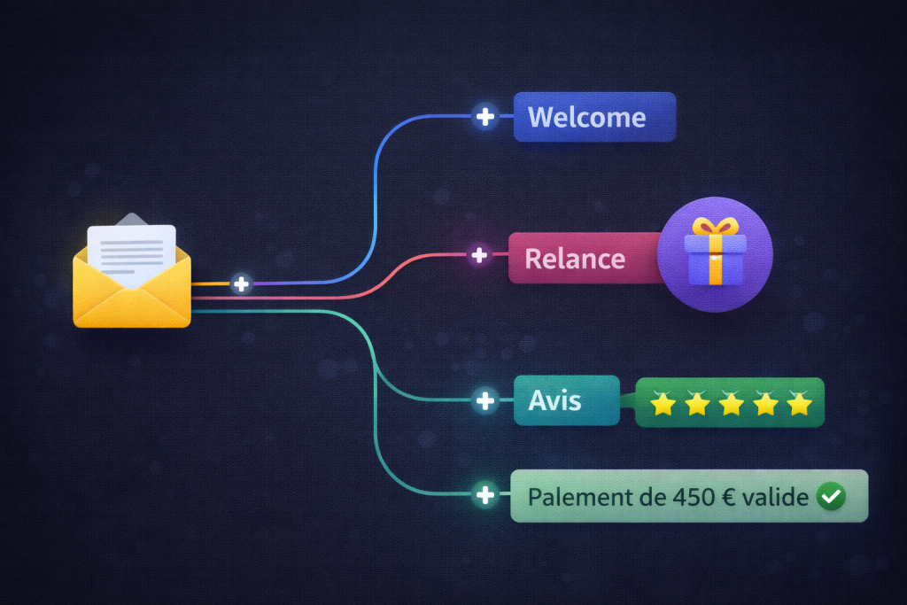 Schéma d'automatisation des emailing tpe sequences welcome relance avis en 2026.