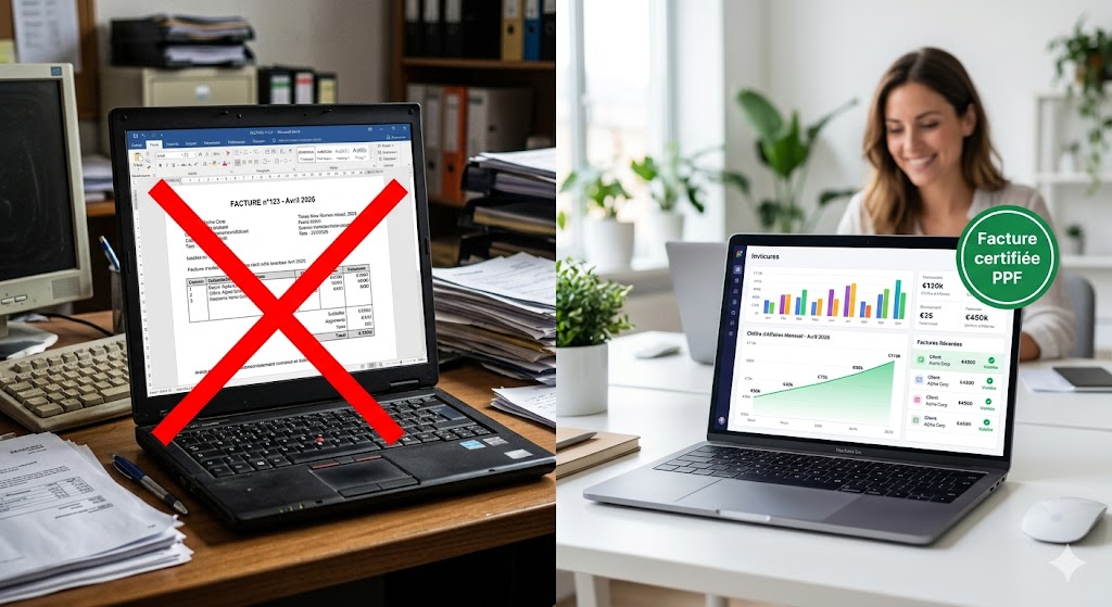 Comparatif entre un fichier word obsolète et un logiciel facturation auto entrepreneur conforme en 2026.