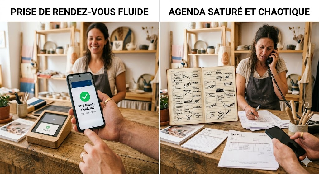 Comparaison entre une prise de rendez-vous en ligne simple et un agenda mal organisé pour TPE ( meilleure appli )
