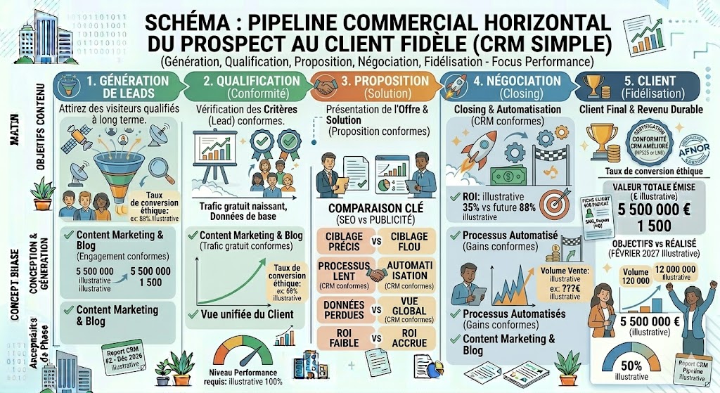 Pipeline CRM simple pour TPE avec nouveau qualifié devis relance gagne perdu
