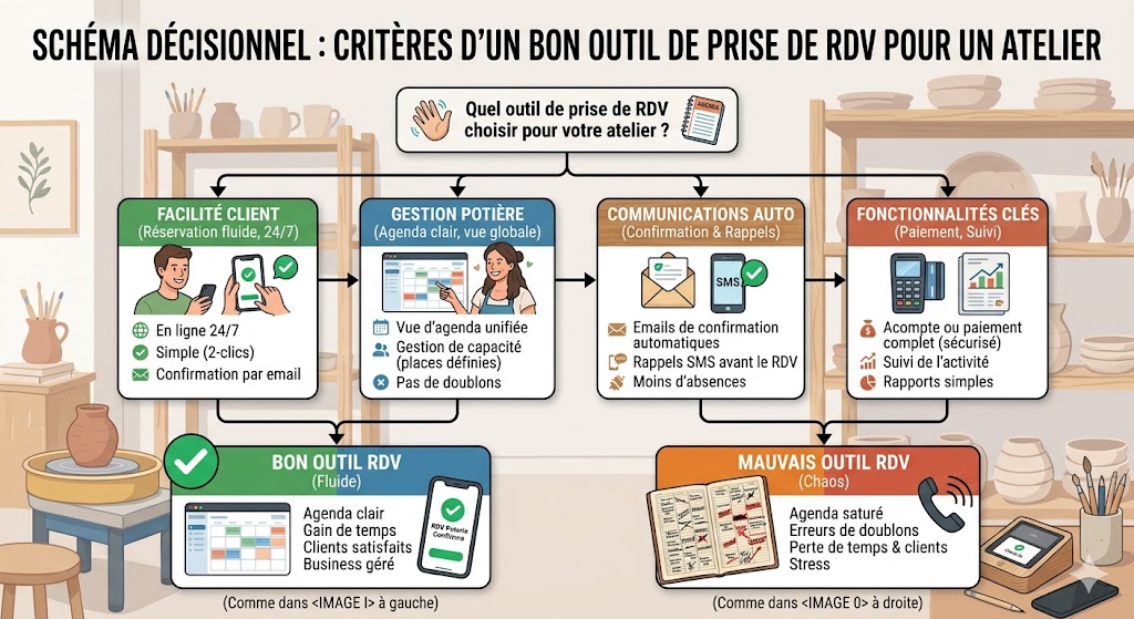Schéma des critères essentiels pour choisir une application de prise de rendez-vous pour TPE