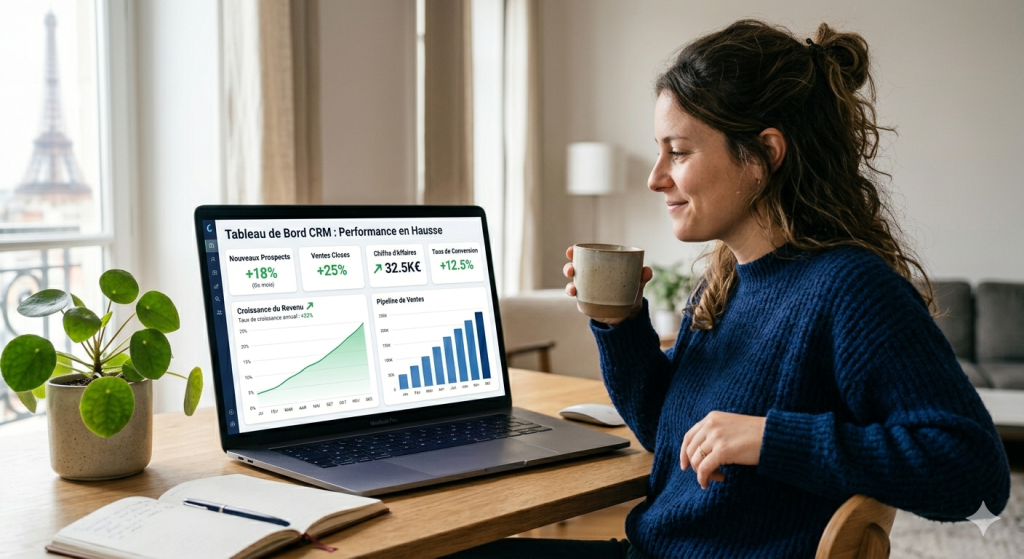 Dirigeant de PME analysant les ventes grâce à la synchronisation CRM et agenda en 2026