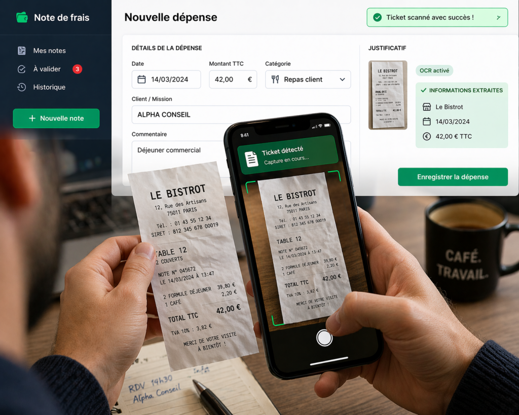 Employé utilisant le meilleur logiciel de note de frais en 2026 sur son smartphone pour numériser un reçu