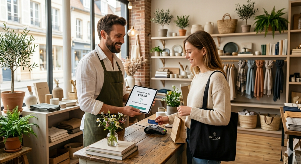 Commerçant utilisant le meilleur logiciel de caisse enregistreuse sur tablette tactile en 2026