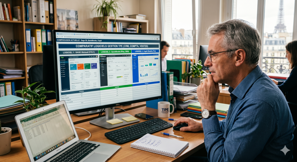 Dirigeant de TPE comparant plusieurs logiciels CRM gratuits et payants.