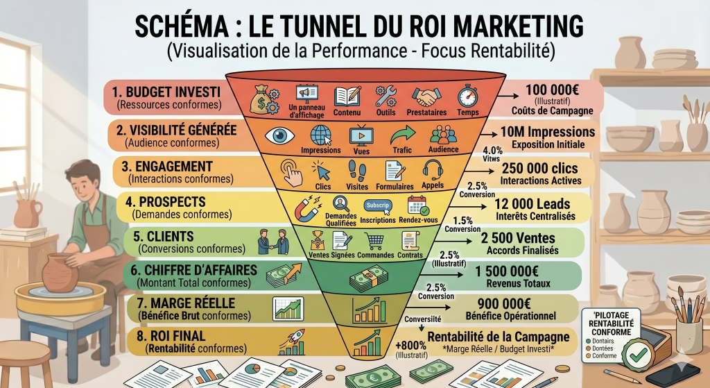 Schéma du calcul du ROI marketing avec budget, visiteurs, prospects, clients, chiffre d’affaires, marge et rentabilité.