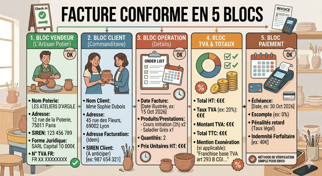 Schéma des cinq blocs essentiels d’une facture conforme.