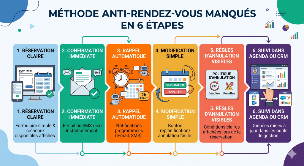 Schéma de réduction des rendez-vous manqués avec réservation, confirmation, rappel, modification, qualification et suivi.