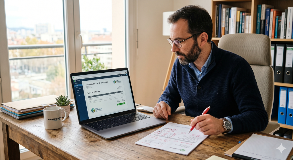 Entrepreneur vérifiant les mentions obligatoires d’une facture en 2026.