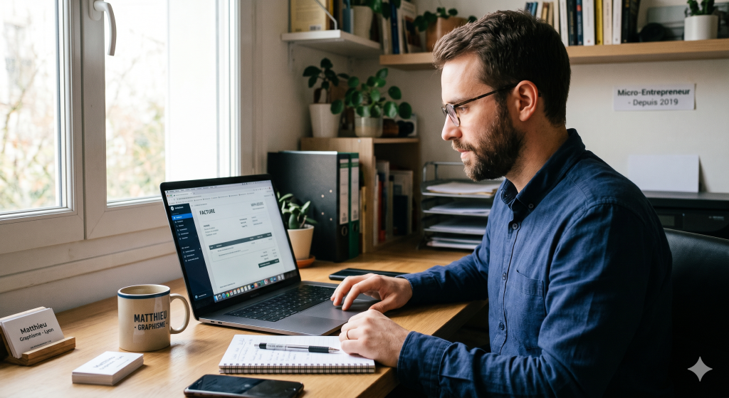 Micro-entrepreneur préparant une facture conforme avec les mentions obligatoires.