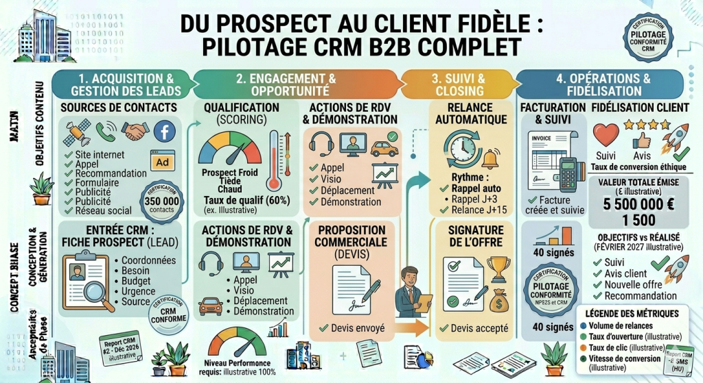 Schéma du parcours prospect client avec CRM, rendez-vous, devis, relance, facture et fidélisation.
