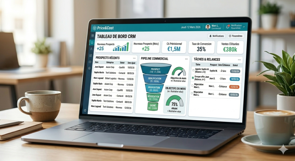 Tableau de bord CRM pour TPE avec pipeline de prospects et relances clients.