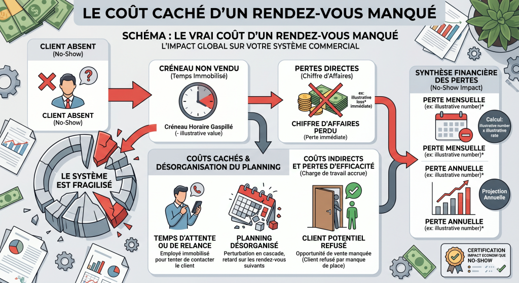 Schéma montrant le chiffre d’affaires perdu, le temps perdu, la désorganisation et la perte d’opportunité après un rendez-vous manqué.
